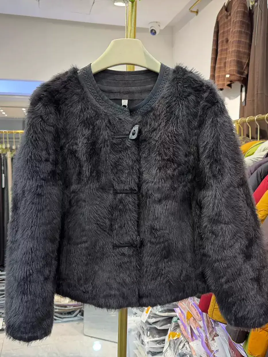 Women's toggle-front shearling fur jacket — Style 26D046