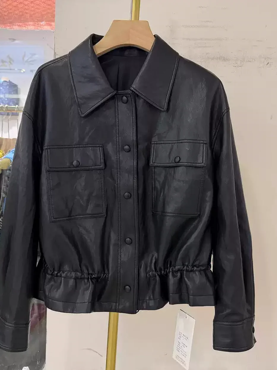 Drawstring lapel-collar faux leather jacket — Style 451-6622