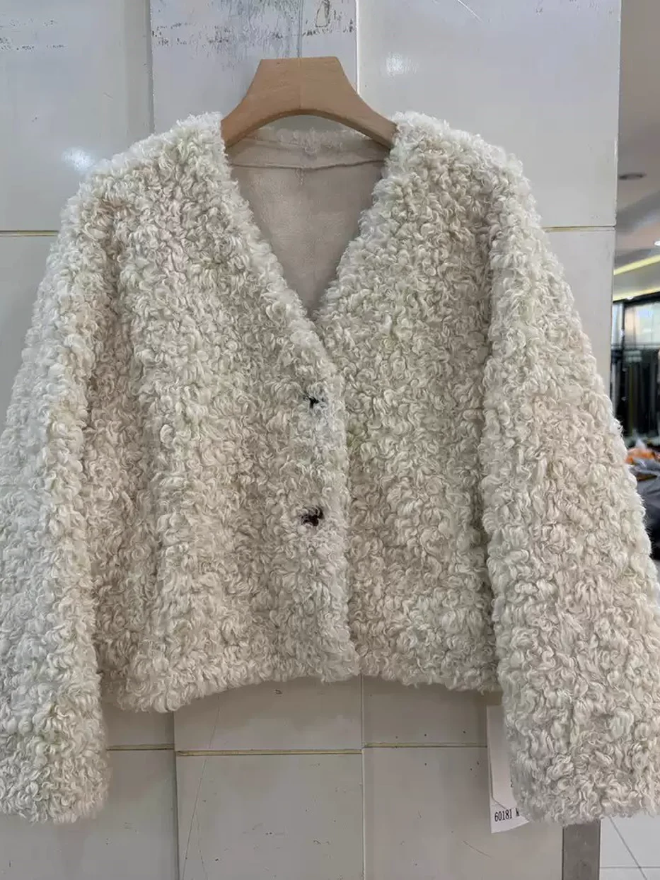 Women's V-neck shearling fur jacket — Style 60181