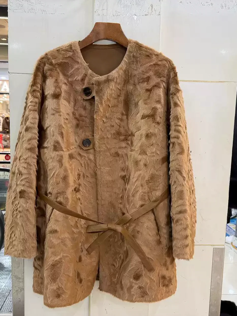 Women's cinched-waist tie-waist fur jacket — Style 6582