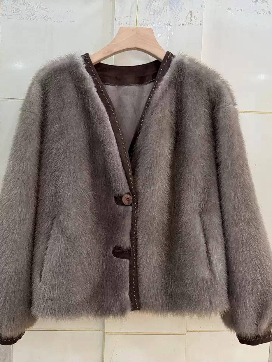 Women's V-neck shearling olive fur jacket — Style 659
