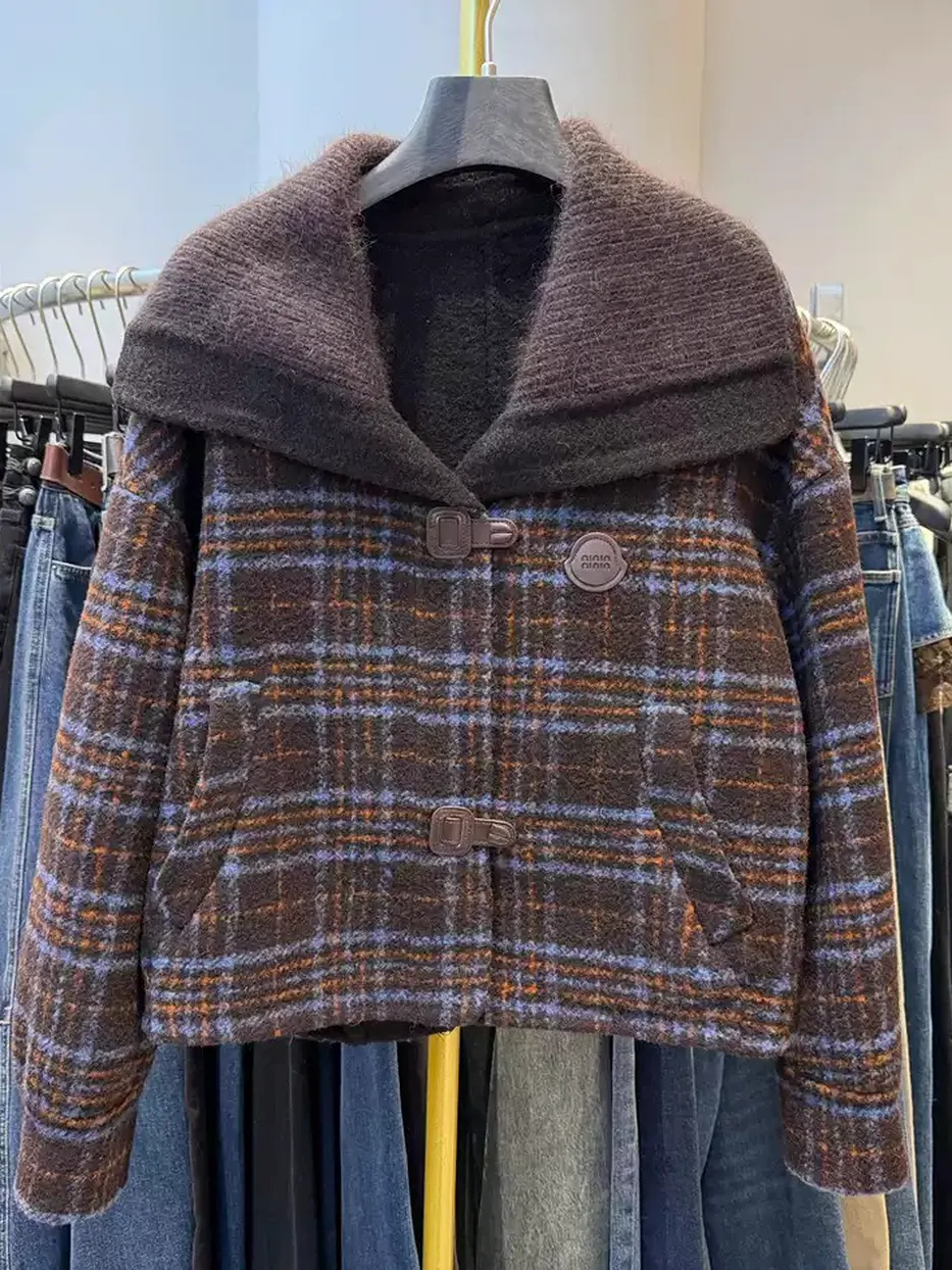 Women's checked large-lapel jacket · 98059