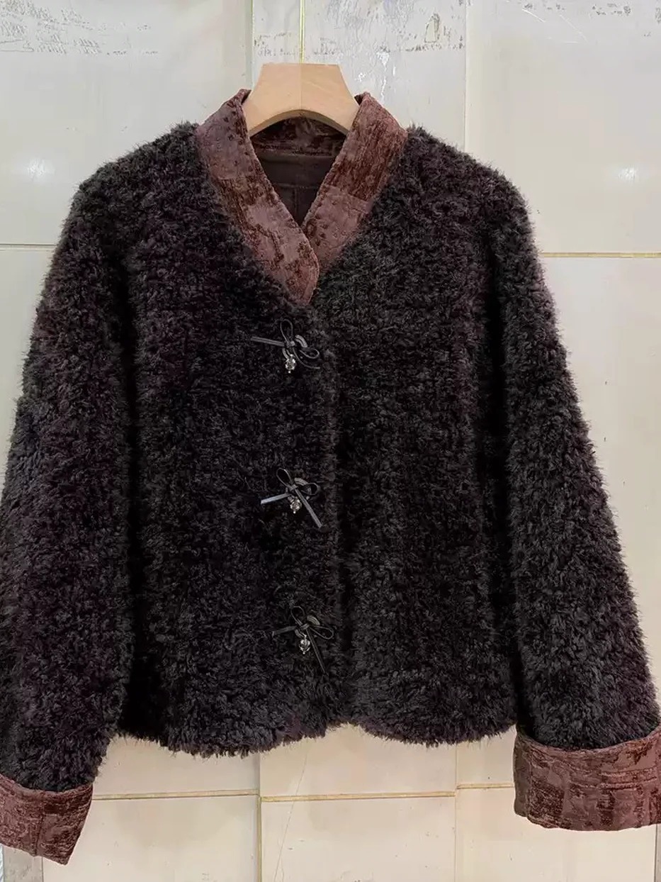 Women's stand-collar shearling black fur jacket — Style 7751