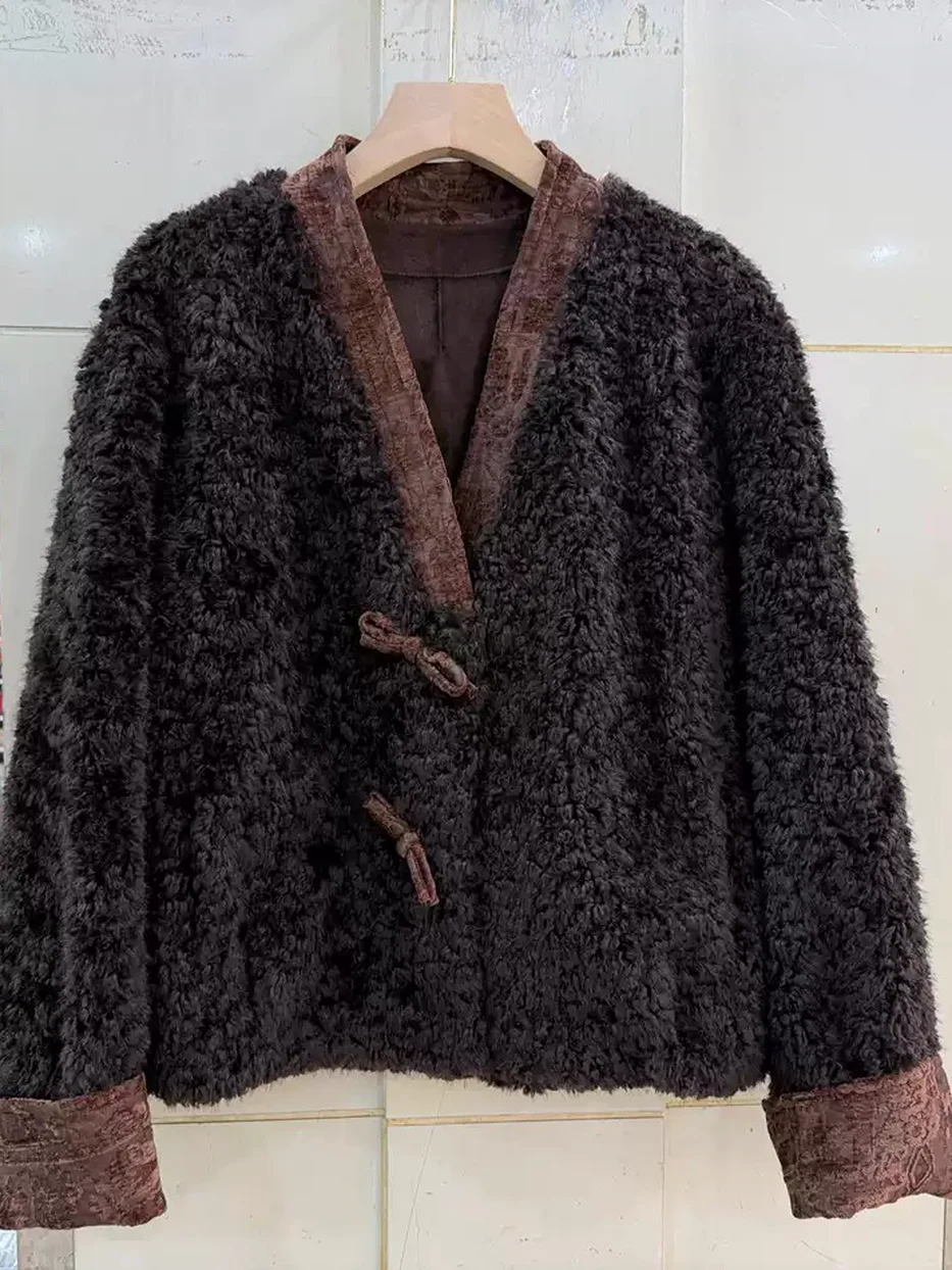 Women's V-neck shearling black fur jacket — Style 7755