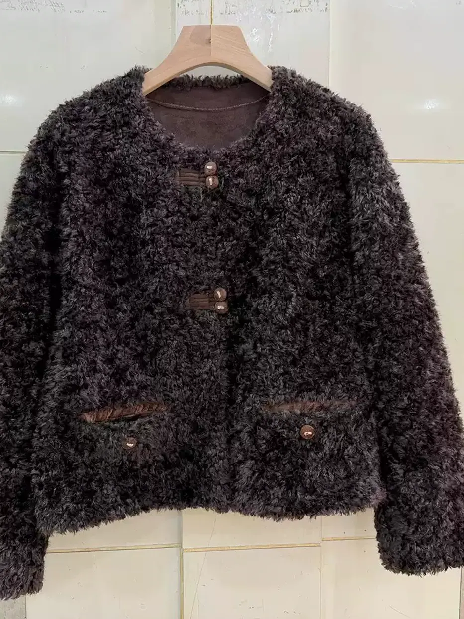Women's crew-neck shearling black fur jacket — Style 7759