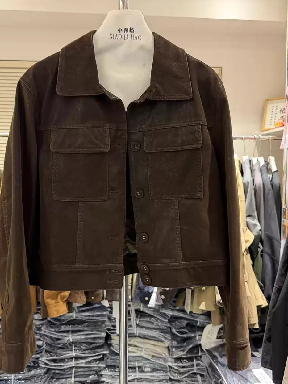 Single-breasted lapel-collar faux-leather jacket