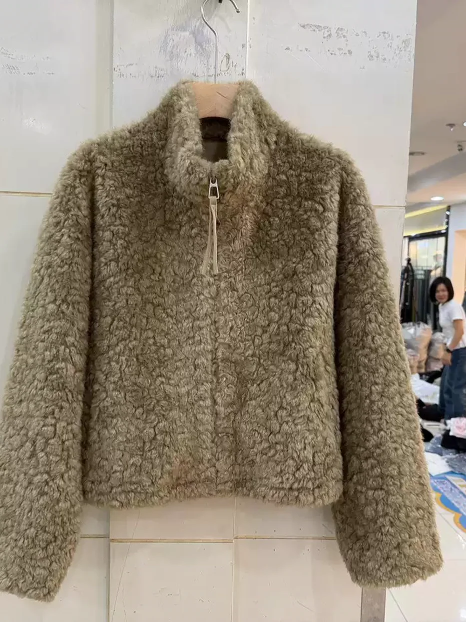 Women's zip stand-collar lamb-wool shearling fur jacket — Style 86DT2100-1093189035253