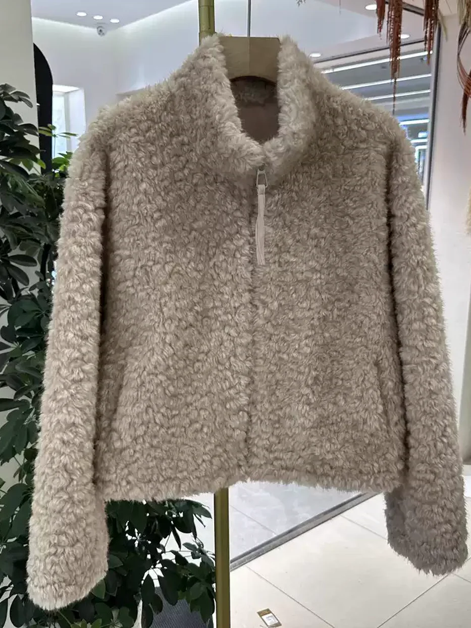 Women's zip stand-collar lamb-wool fur jacket — Style 86DT2100