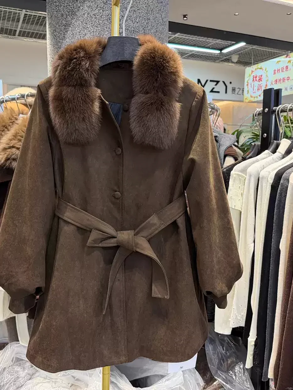 Drawstring stand-collar long-sleeve faux suede jacket, cinched-waist fit · 876727