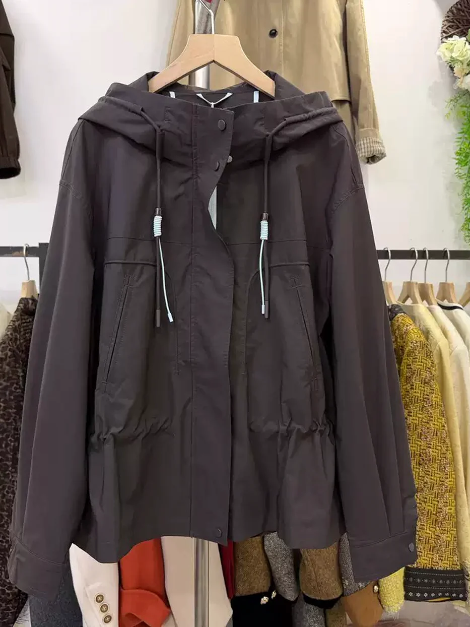 Drawstring cropped hooded shell jacket, cinched-waist fit — Style 876810