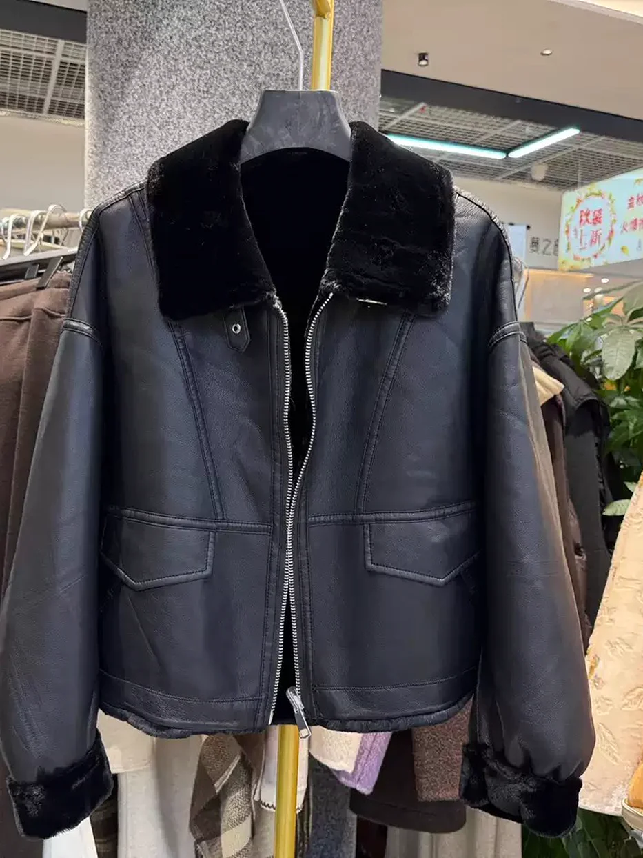 Women's lapel shearling fur jacket — Style D2219