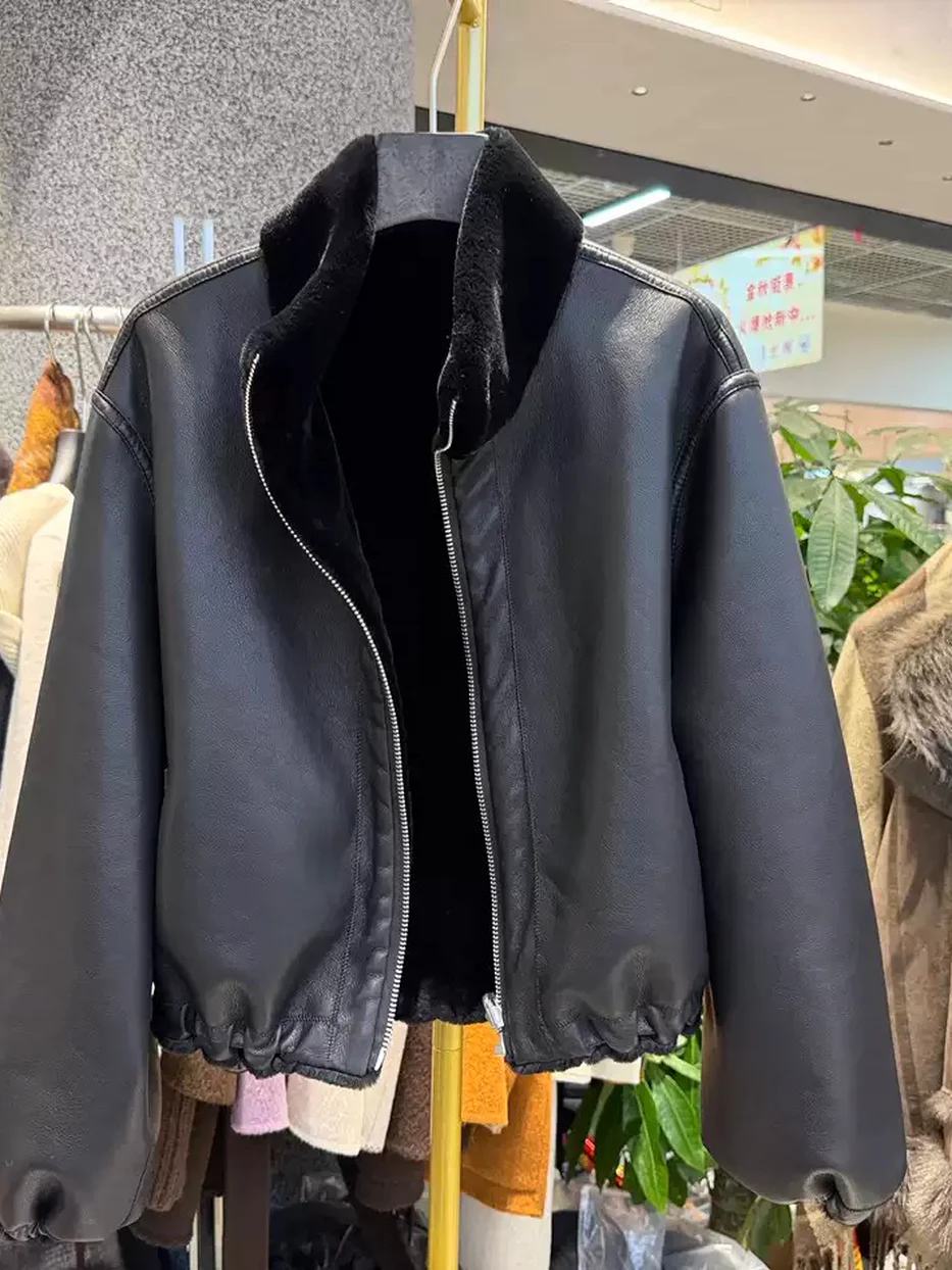 Women's stand-collar shearling charcoal fur jacket — Style D2222