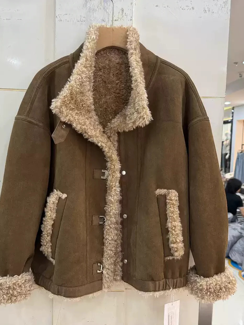Women's stand-collar shearling coffee fur jacket — Style DSL26316