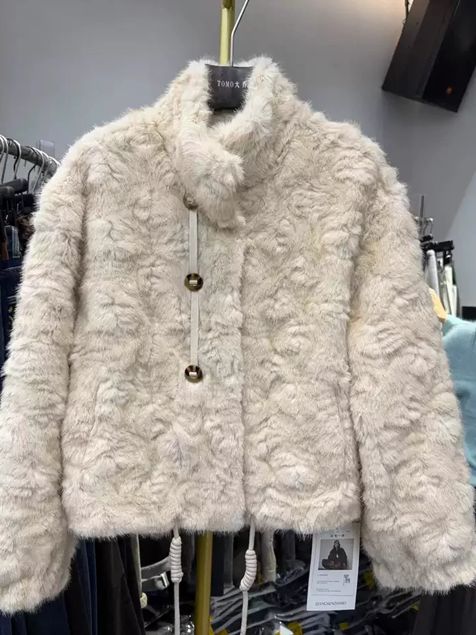 Women's snap-front stand-collar fur jacket · 98059