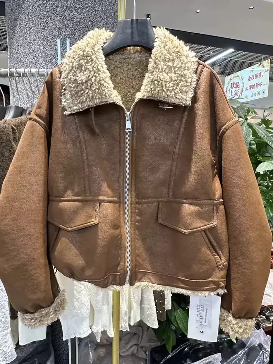 Women's lapel shearling brown fur jacket — Style QC26911