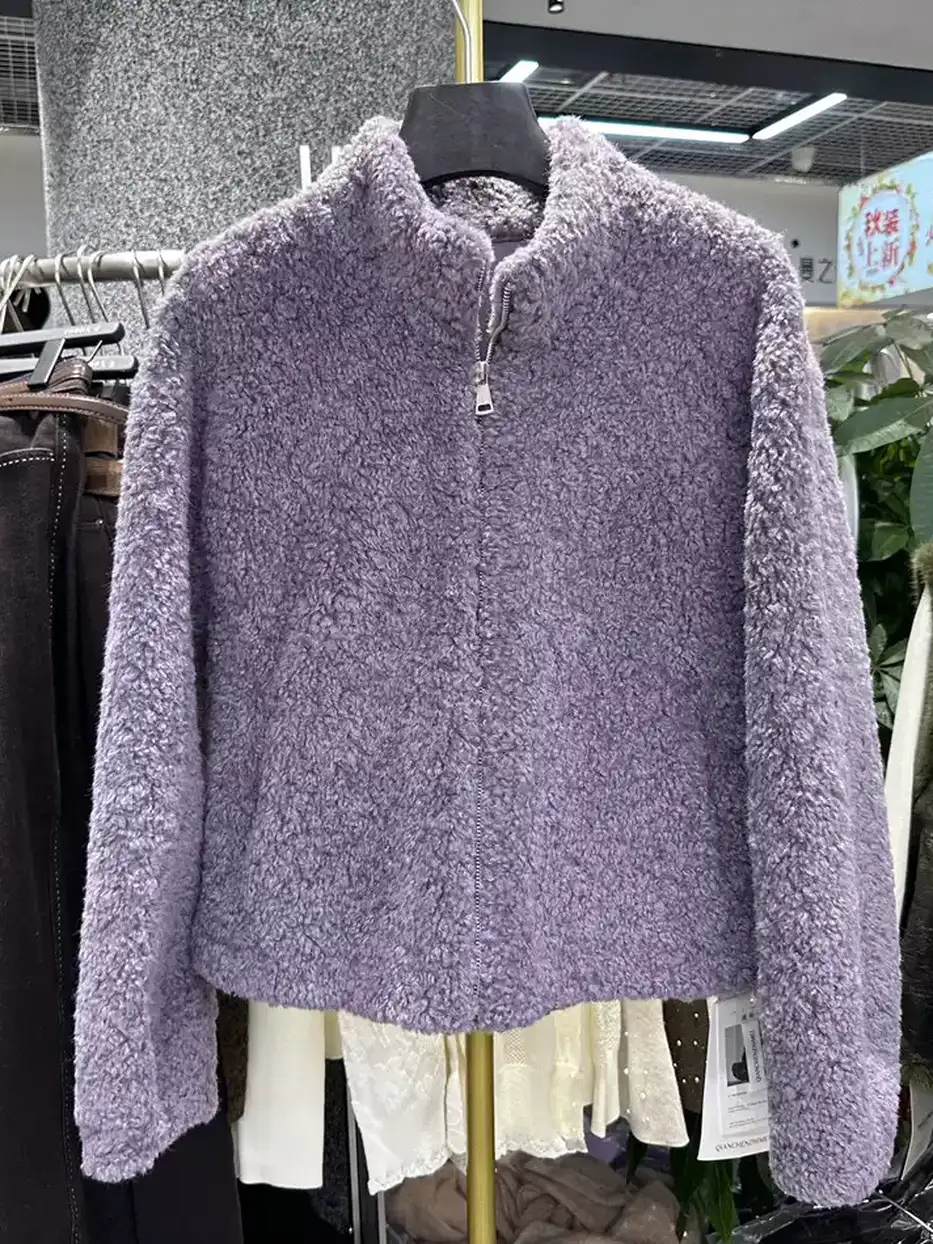 Women's zip stand-collar shearling fur jacket — Style QC26913