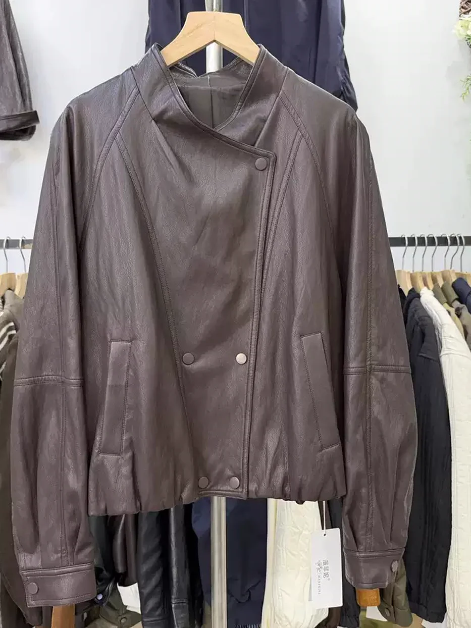 Cropped faux-leather jacket, cinched-waist fit — Style W98629