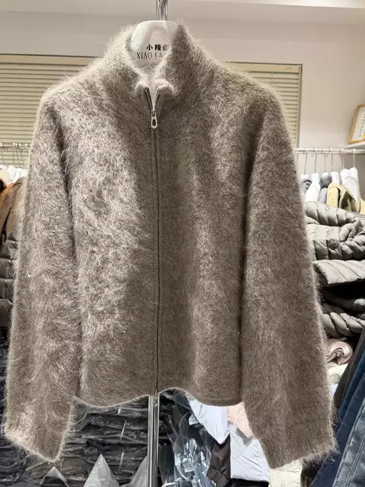 Women's double-zip stand-collar wool knit cardigan — Style 050