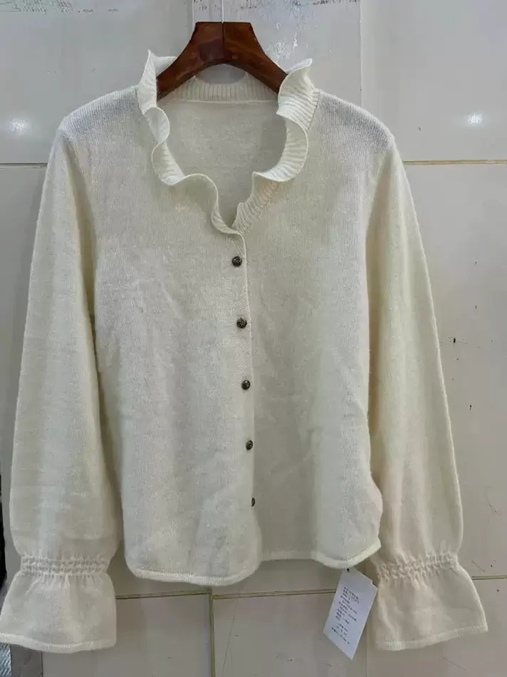 Women's single-breasted v-neck wool cardigan — Style 1-YJ1575