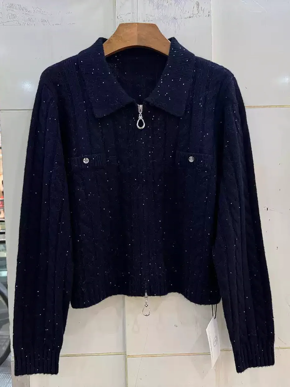 Double-zip lapel-collar wool sweater — Style 13-9805