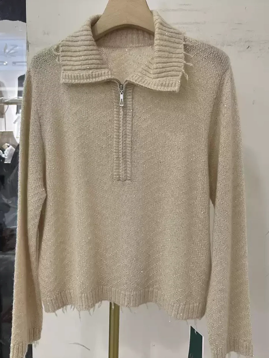 Sequinned lapel-collar wool knit sweater — Style 178-1853-2