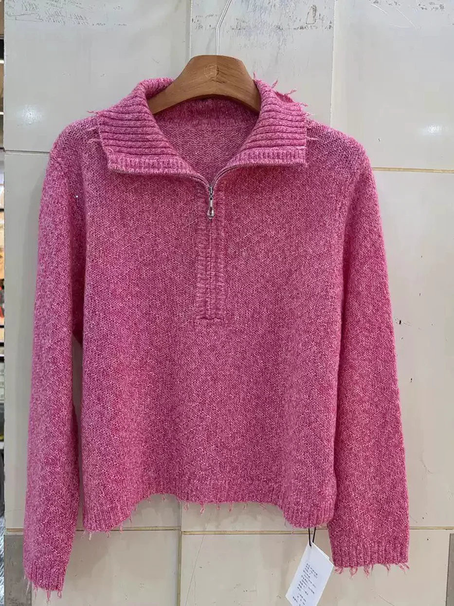 Zip-front lapel-collar wool-cashmere sweater — Style 178-1853