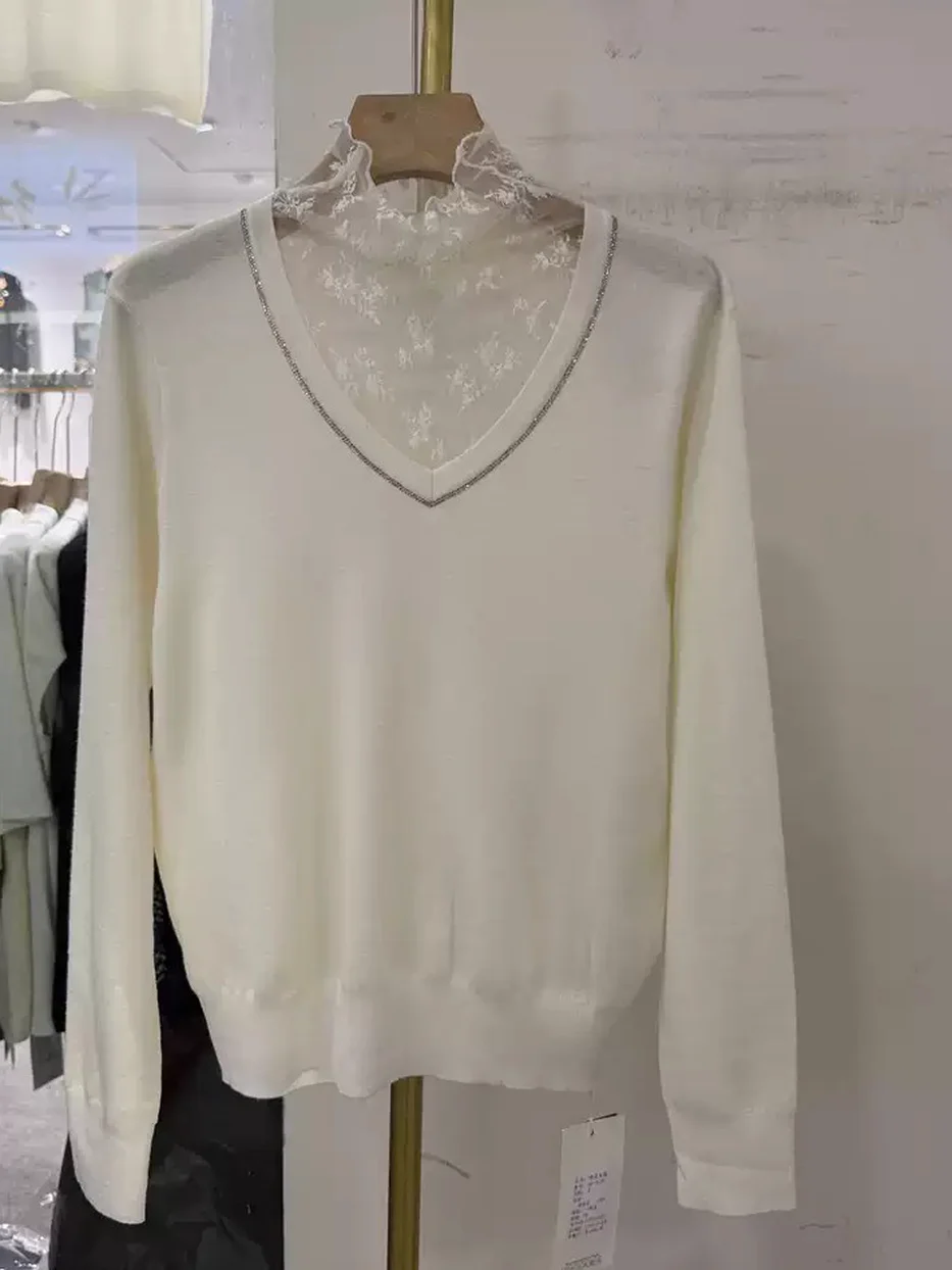 Panel V-neck wool knit sweater — Style 180-8233