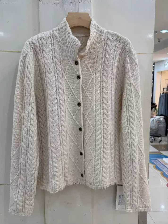 Women's cable-knit stand-collar linen knit cardigan — Style 188-66827