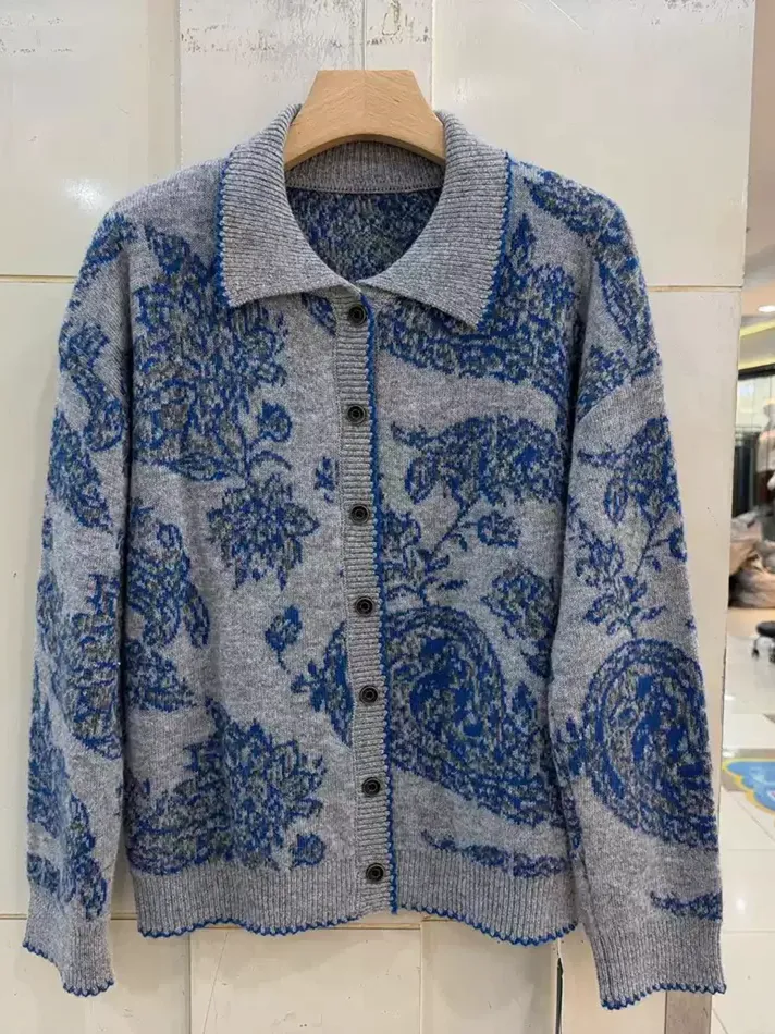 Women's embroidered lapel casual knit cardigan — Style 188-66837