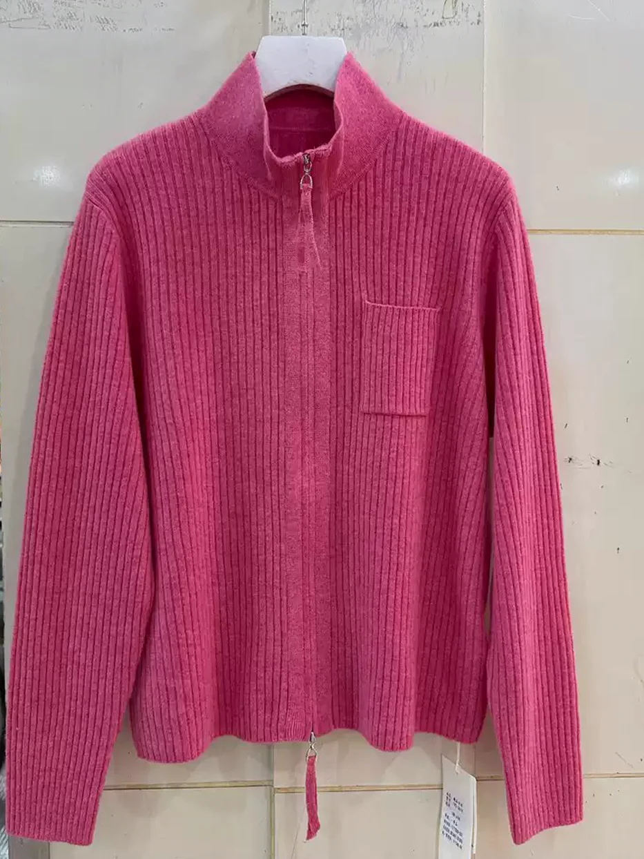 Double-zip stand-collar cashmere knit cardigan — Style 192-3619