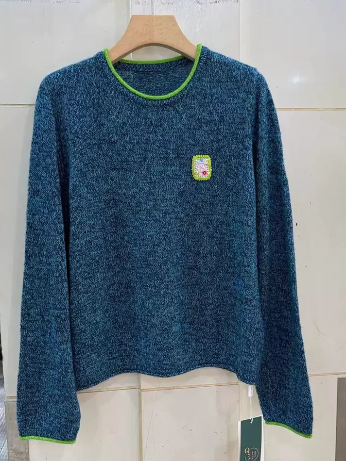 Women's navy crew-neck knit sweater — Style 218-2712