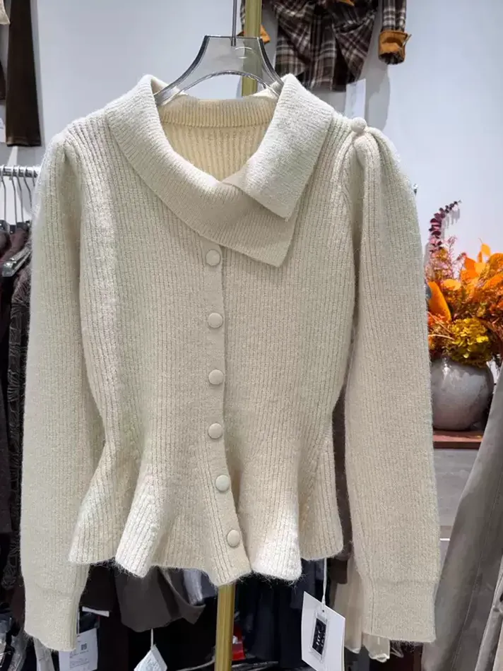 Women's grey single-breasted knit cardigan — Style 218