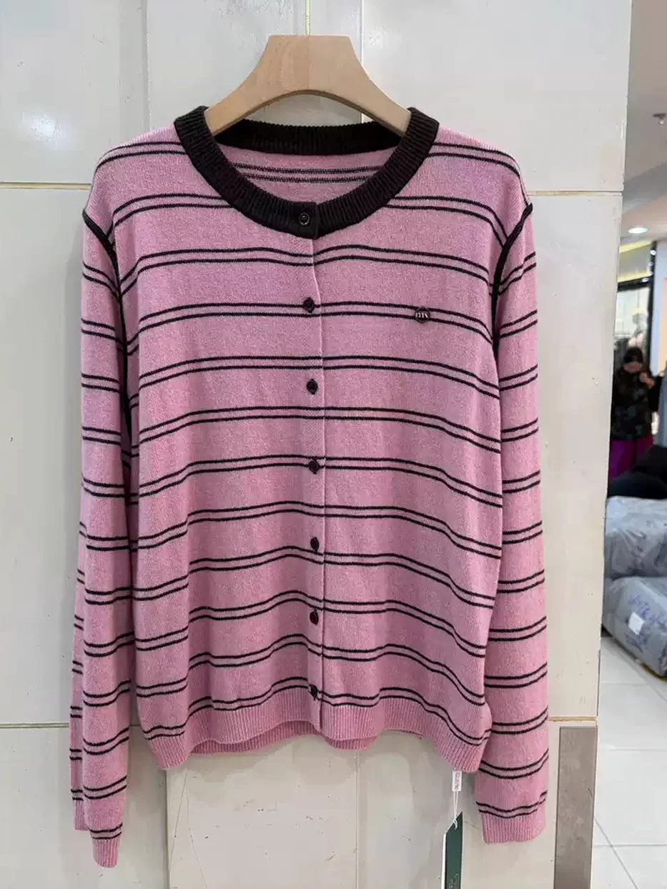Women's colour-block striped crew-neck knit cardigan · 98059