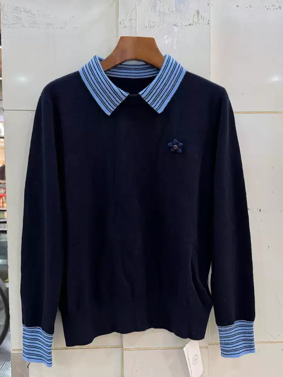 Women's striped lapel knit top — Style 223-1617