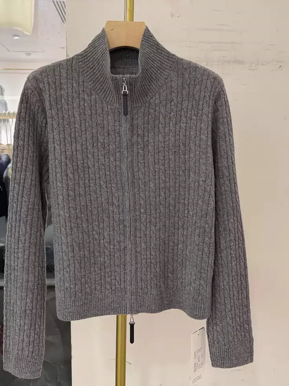 Women's cable-knit double-zip stand-collar cardigan · 98059