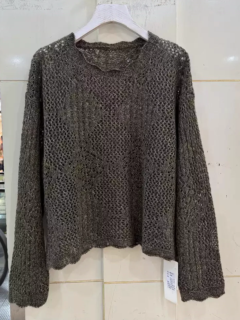 Crochet crew-neck knit sweater, relaxed fit — Style 26082
