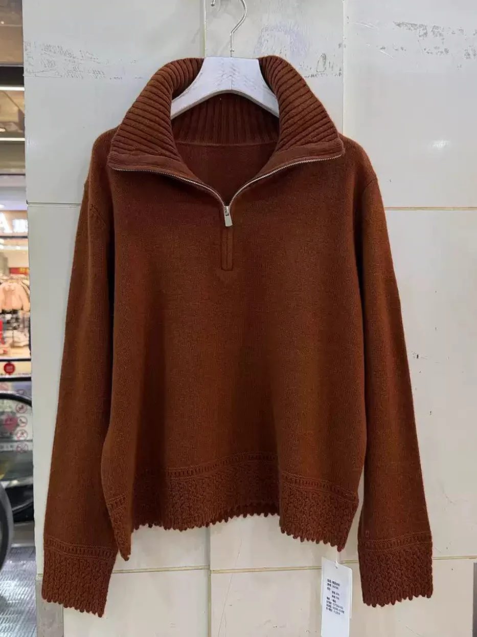 Zip-front lapel-collar wool knit sweater, relaxed fit · 26290