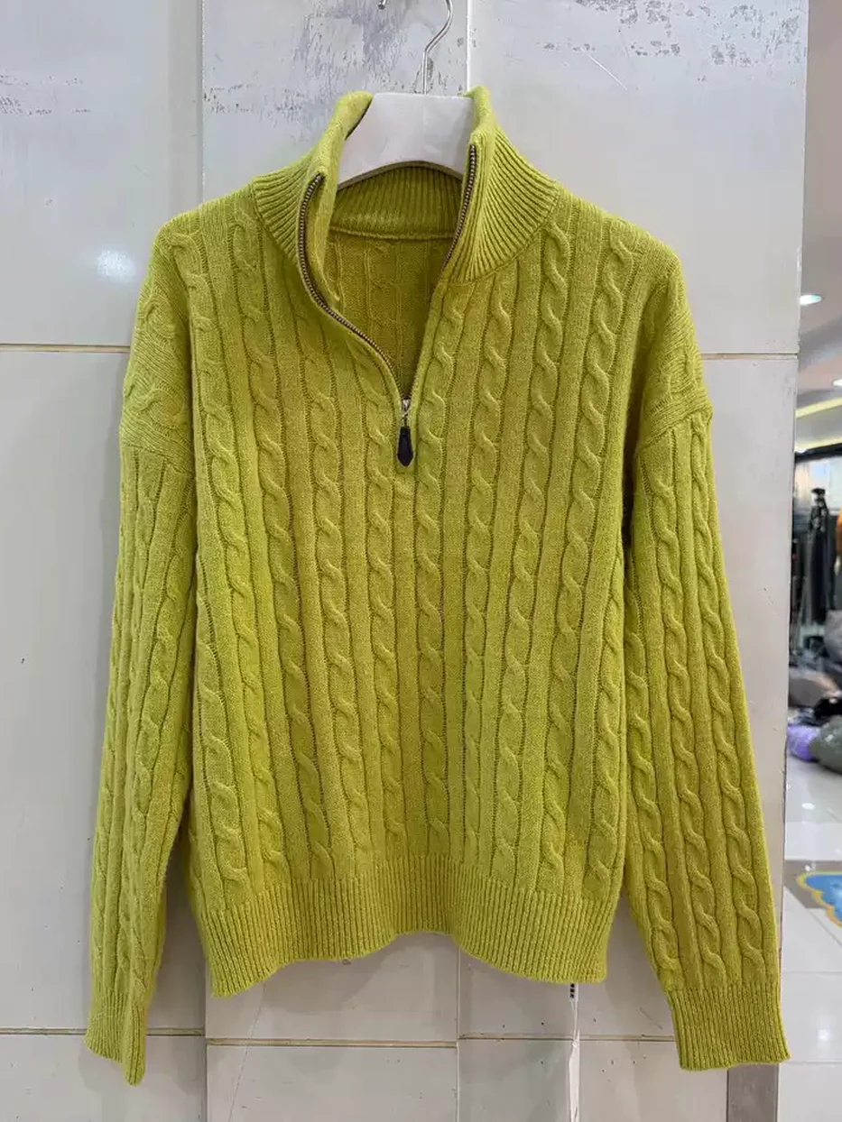 Women's cable-knit zip stand-collar slim knit top · 98059