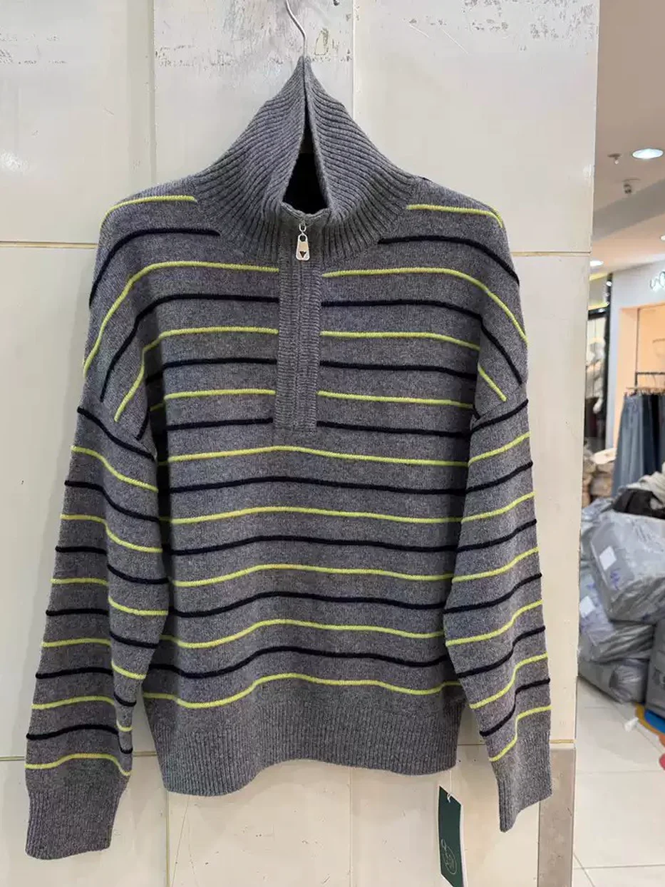 Women's colour-block striped zip stand-collar wool knit top · 98059