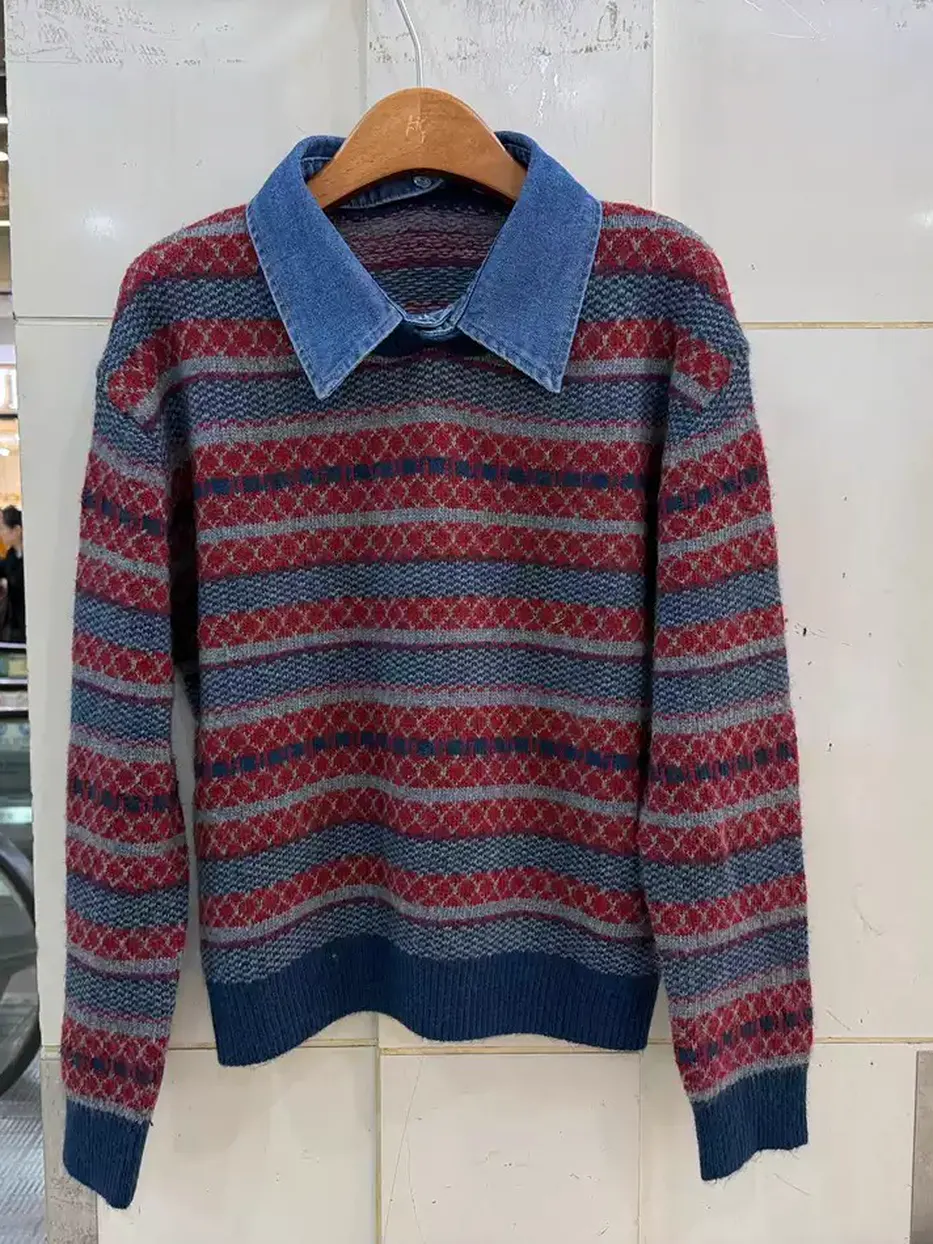 Women's colour-block striped lapel knit top · 98059