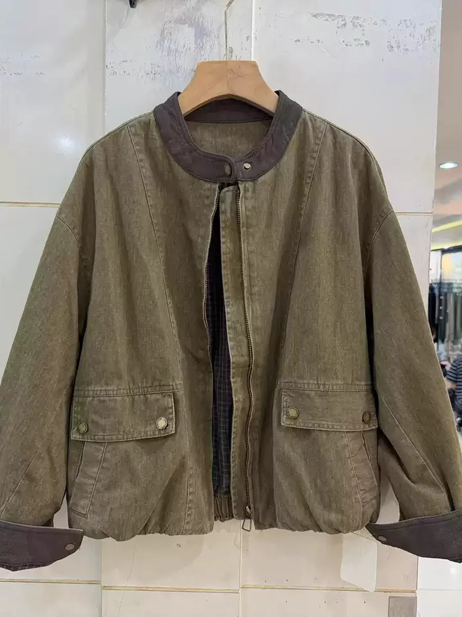 Women's zip relaxed olive knit top · 98059
