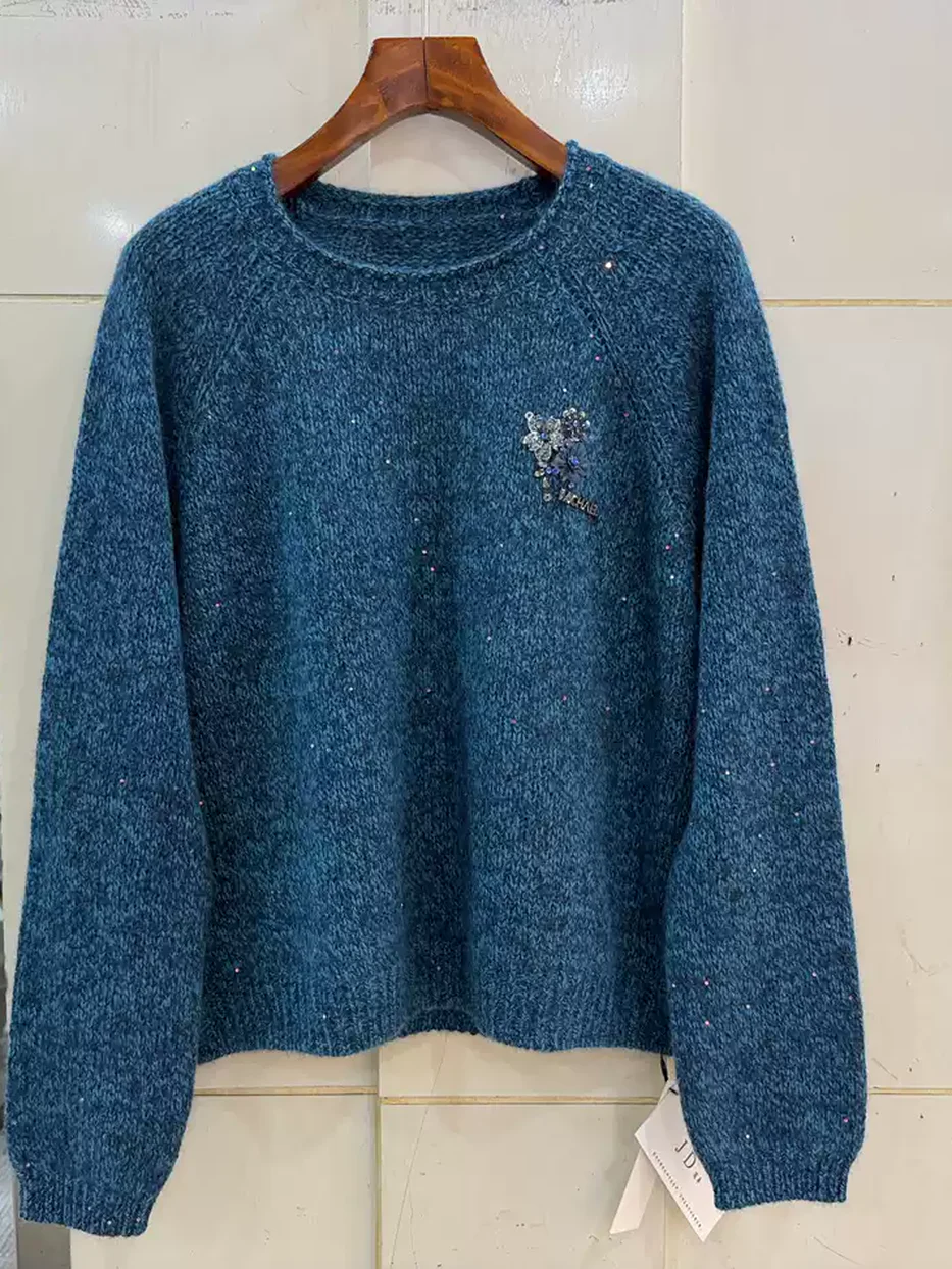 Women's embroidered crew-neck wool sweater — Style 386-6609
