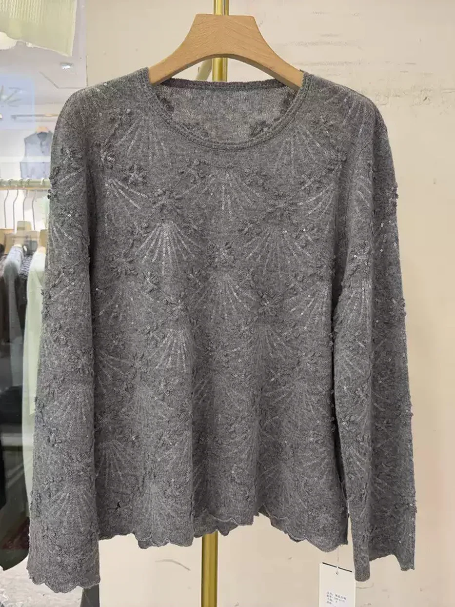 Sequinned crew-neck knit sweater, relaxed fit — Style 395-6110