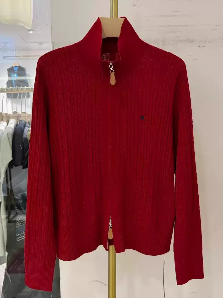 Zip-front stand-collar wool knit cardigan — Style 5-2613