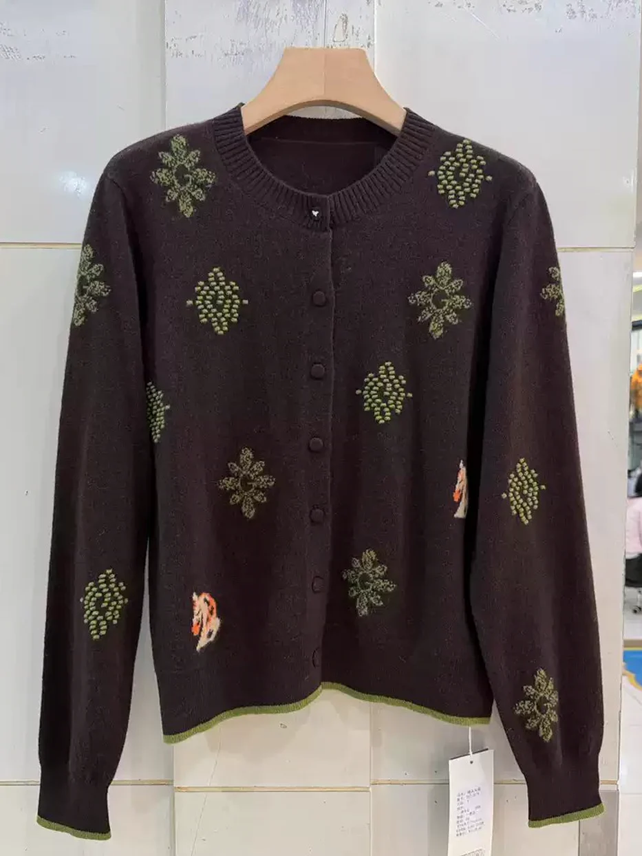Single-breasted crew-neck wool knit cardigan — Style 507-2678
