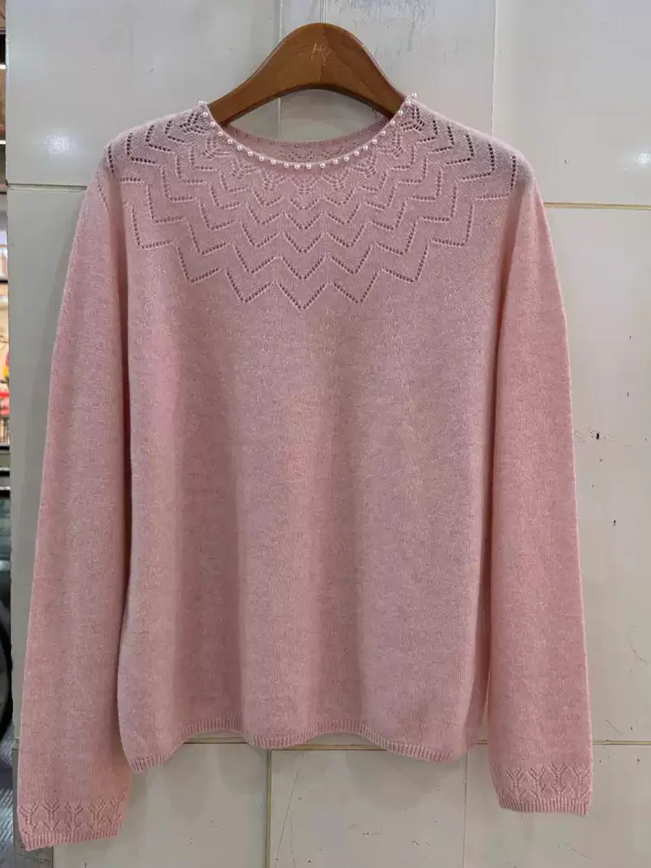 Crochet crew-neck long-sleeve wool knit sweater — Style 558-5816