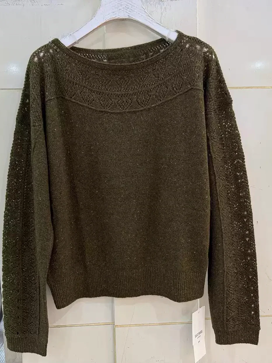 Crochet crew-neck long-sleeve wool sweater — Style 58139