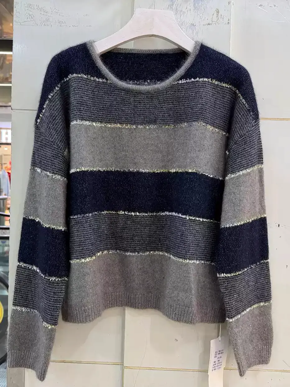 Women's colour-block striped crew-neck cashmere knit top · 98059