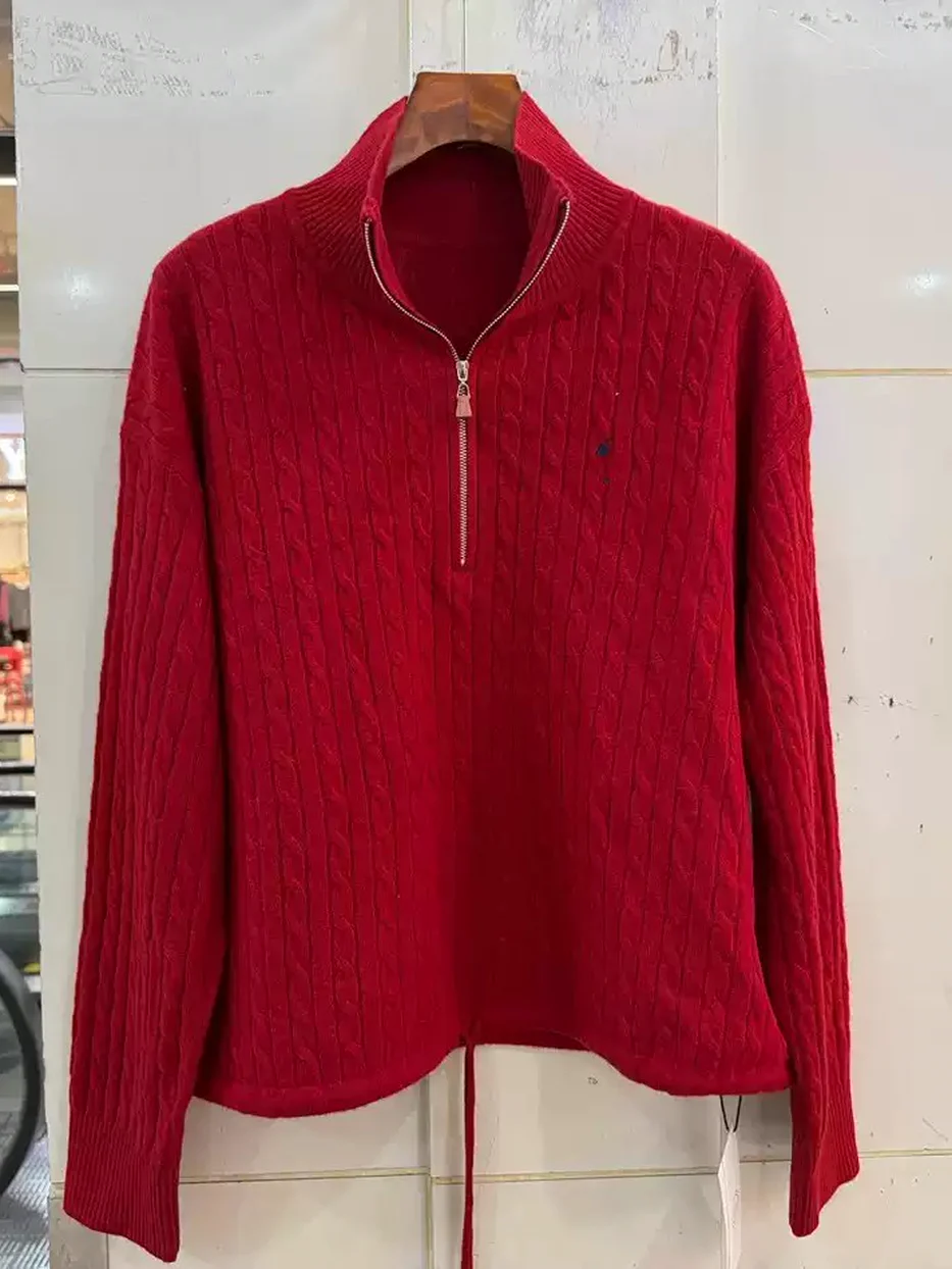 Zip-front stand-collar wool knit sweater — Style 609-2631