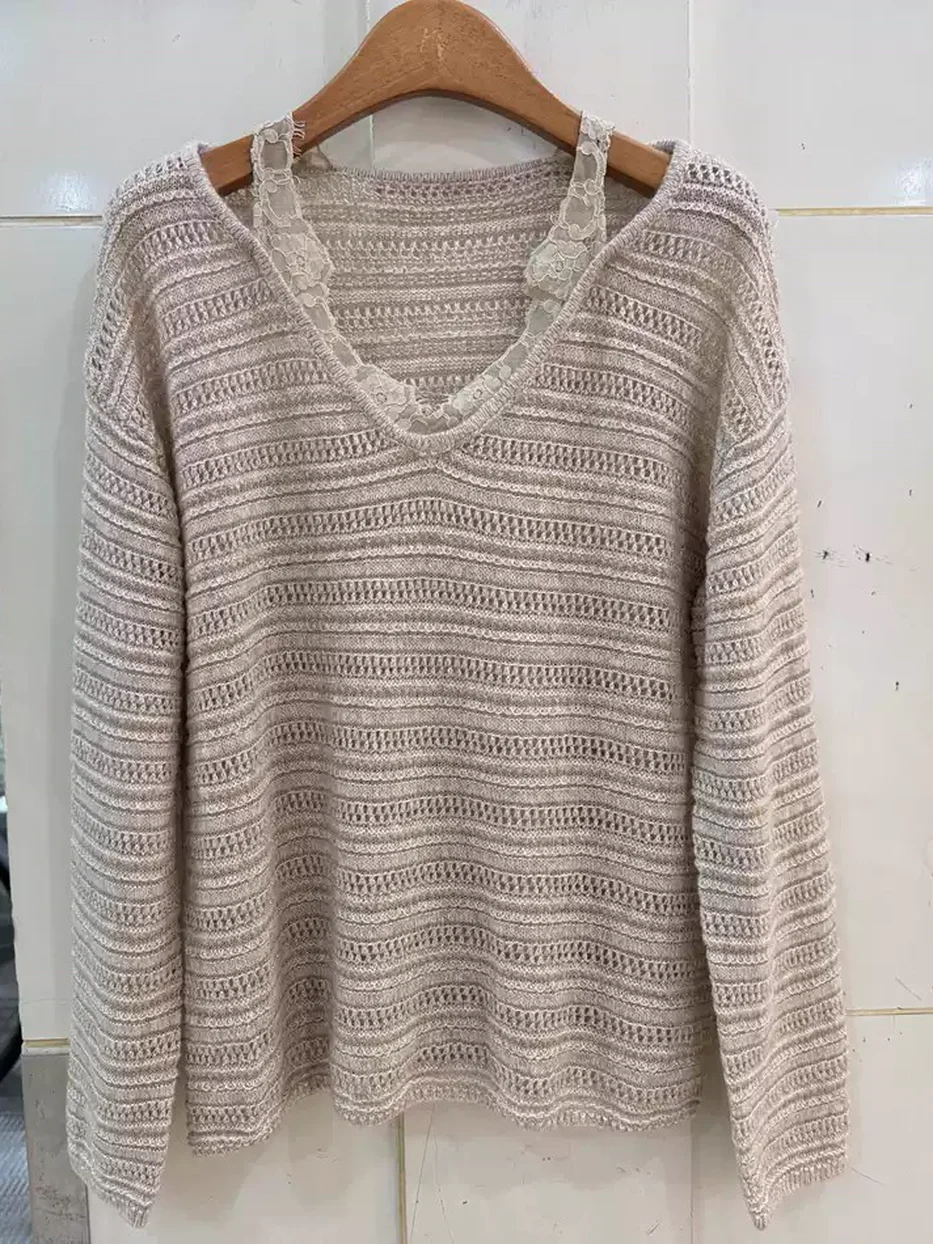 Panel V-neck long-sleeve lace knit sweater, relaxed fit